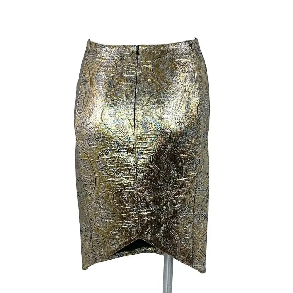 Jenni Kayne Metallic Brocade Knee Length Pencil Skirt XS Designer Silk Blend